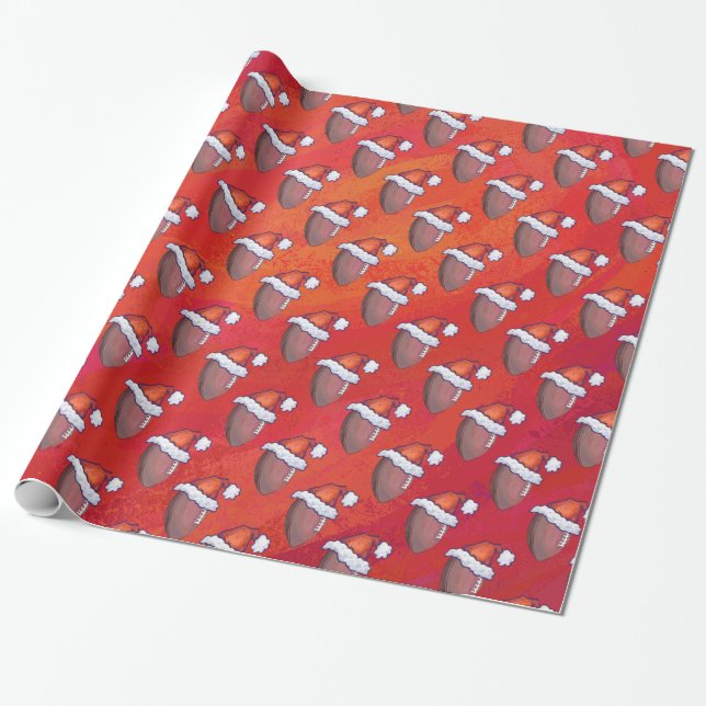 Football in Santa Hat on Red Wrapping Paper (Unrolled)