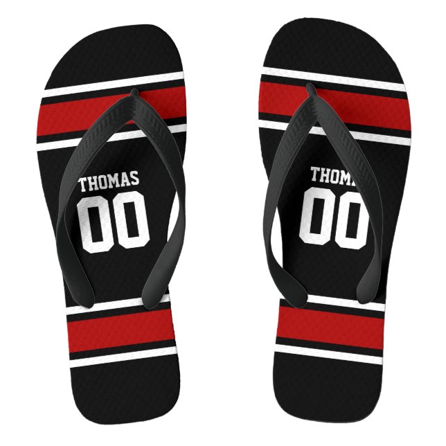 Football Jersey Black|Red Personalized Flip Flops (Footbed)
