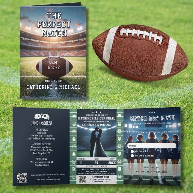 Football Match Ticket QR Code Wedding With RSVP Tri-Fold Invitation (Creator Uploaded)