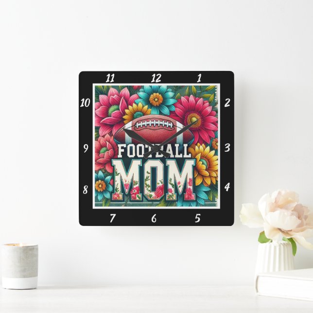 Football Mom Floral Square Wall Clock (Home)