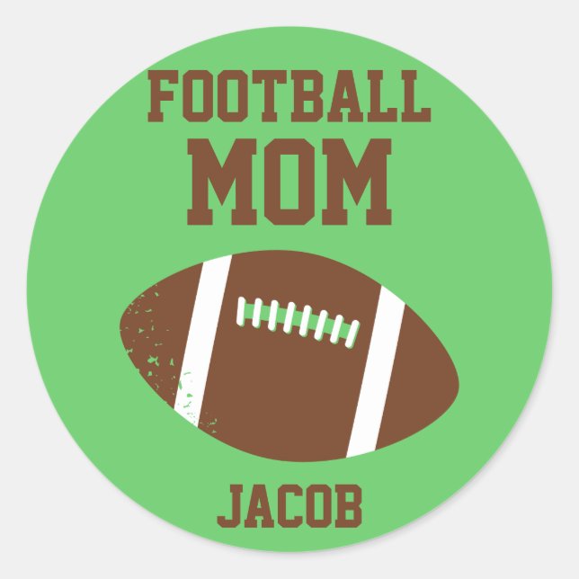 Football Mom Number with Name Brown Classic Round Sticker (Front)