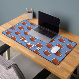 Football Pattern, Personalize Bold Name on Blue Desk Mat