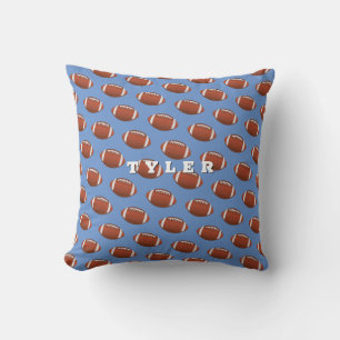 Football Pattern, Personalize Bold Name on Blue Throw Pillow
