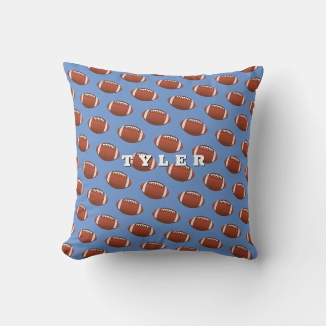Football Pattern, Personalize Bold Name on Blue Throw Pillow (Front)