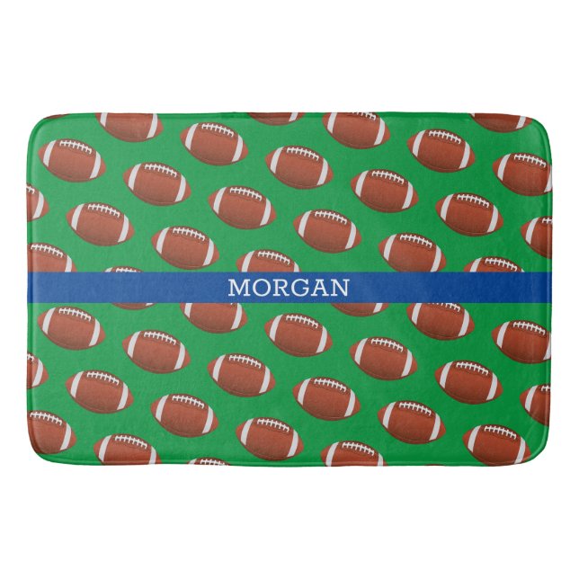Football Pattern, White Name, Blue & Green Bath Mat (Front)