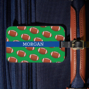 Football Pattern, White Name, Blue & Green Luggage Tag