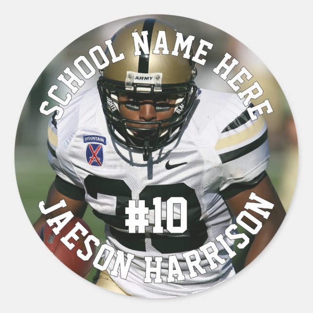Football Player Add Name Number Team and Photo Classic Round Sticker (Front)
