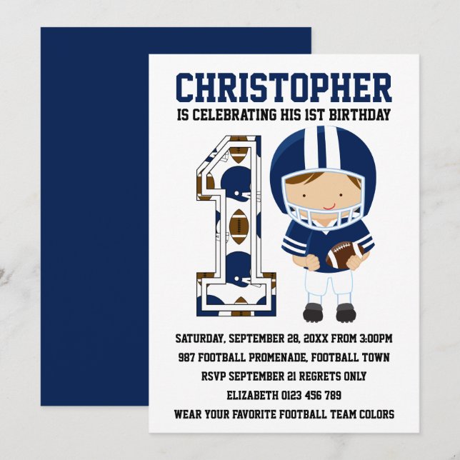 Football Player Blue White 1st Birthday Party Invitation (Front/Back)