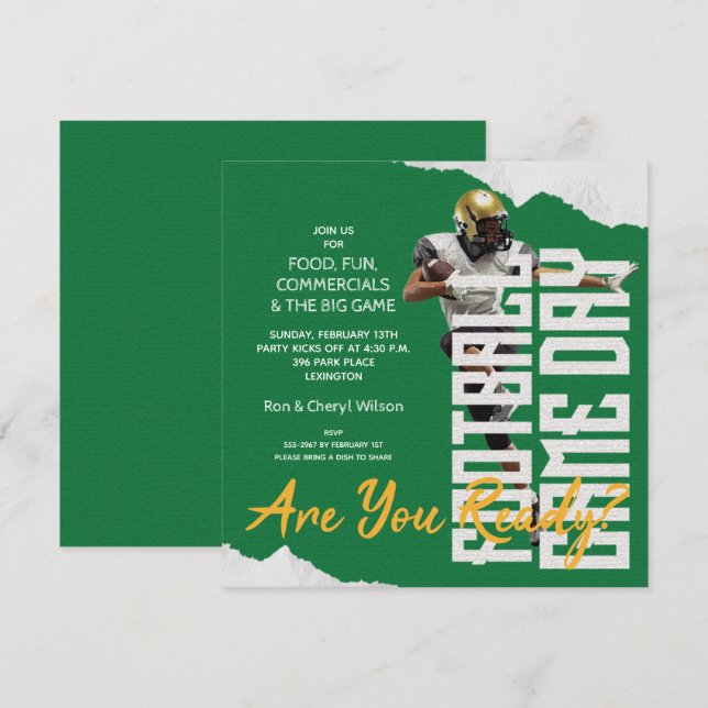 Football Player Game Day Green Party Invitations (Front/Back)