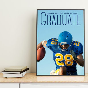 Football Player Graduation 2024 Blue Script Photo Poster