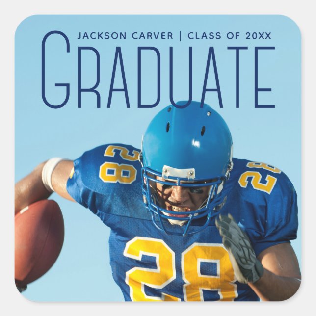 Football Player Graduation Photo Blue Script 2024 Square Sticker (Front)
