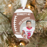 Football Player Name Number Photo Keepsake #2 Ornament<br><div class="desc">This design features a football background with space for a name, number and photo. Click the customize button for more flexibility in adjusting the text! Variations of this design as well as coordinating products are available in our shop, zazzle.com/store/doodlelulu. Contact us if you need this design applied to a specific...</div>