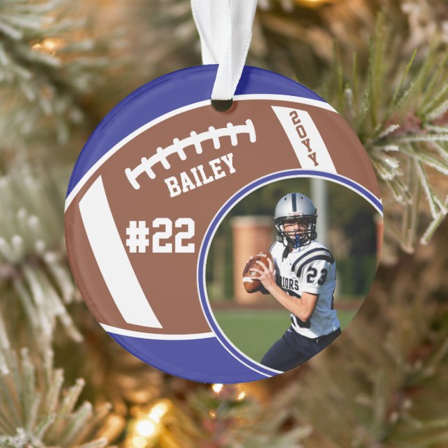 Football Player Name Number Photo Keepsake Blue Ornament (Tree)