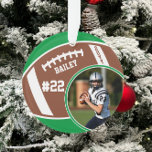 Football Player Name Number Photo Keepsake Ornament<br><div class="desc">This design features a football background with space for a name, number and photo. Click the customize button for more flexibility in adjusting the text! Variations of this design as well as coordinating products are available in our shop, zazzle.com/store/doodlelulu. Contact us if you need this design applied to a specific...</div>