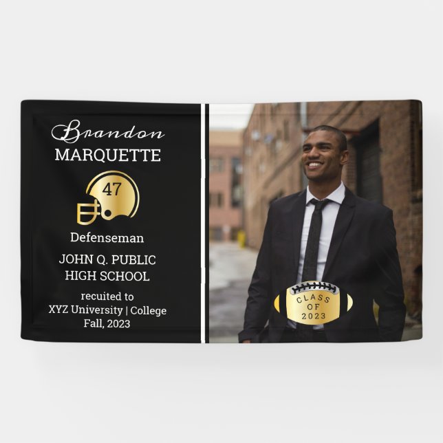 Football Player Photo Black | Gold Graduation Banner (Horizontal)