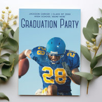 Football Player Photo Blue Script Graduation Party