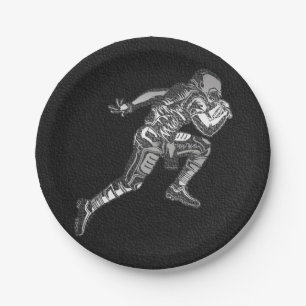 Football Player Running Quarterback Black Silver Paper Plate