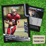 Football Player Trading Card Custom Gift in Blue<br><div class="desc">Introducing our American Football Trading Card, the ultimate collectable for devoted fans of the gridiron game. Featuring a striking blue, white, and black colour scheme, this card captures the essence of football spirit in every detail. On the front side, personalize your card with the team name, player's full name, position,...</div>