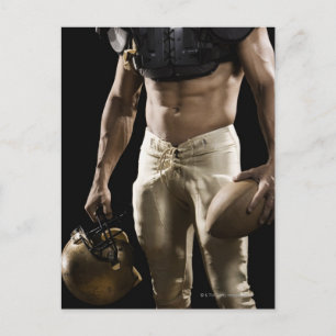 Football player with protective gear, football, postcard