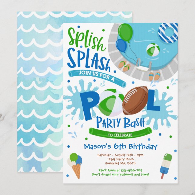 Football Pool Party Splish Splash Pool Birthday Invitation (Front/Back)