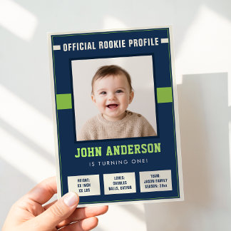 Football Rookie Profile Baby 1st Birthday Photo Invitation