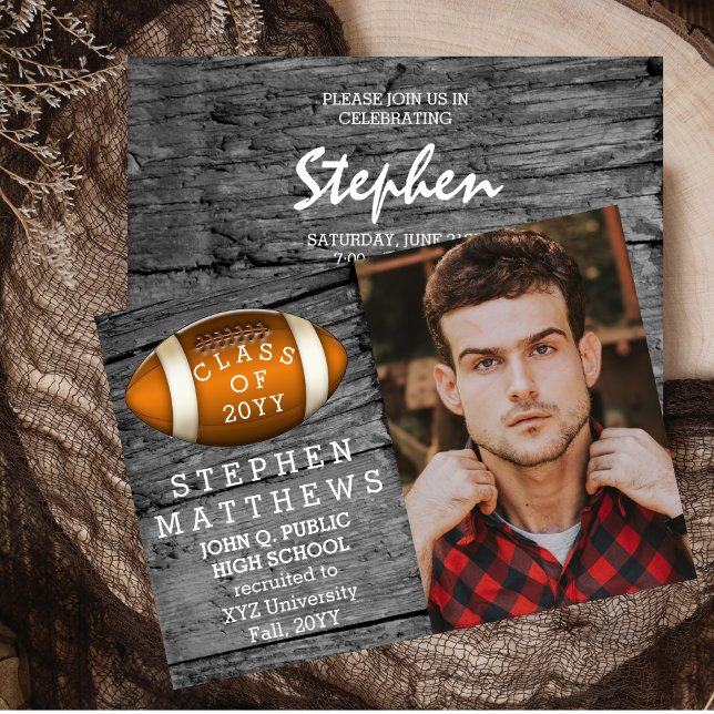 Football Rustic Photo Graduation Announcement (Football Rustic Woodsy One Photo Graduation Announcement and Party Invitation - Print and/or Digital)