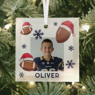 Football Santa Hat Name Photo Christmas  Glass Ornament