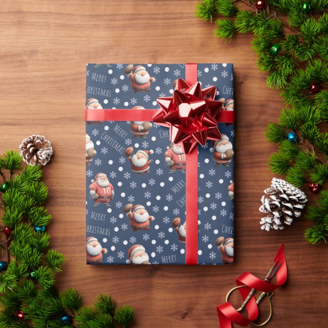 Football Santa on Dark Blue Wrapping Paper (Holiday Gift)