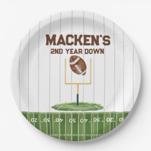 Football second year down boy birthday paper plate
