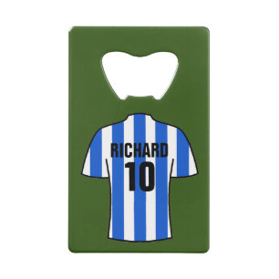 Football Shirt in Blue and White Stripes Credit Card Bottle Opener