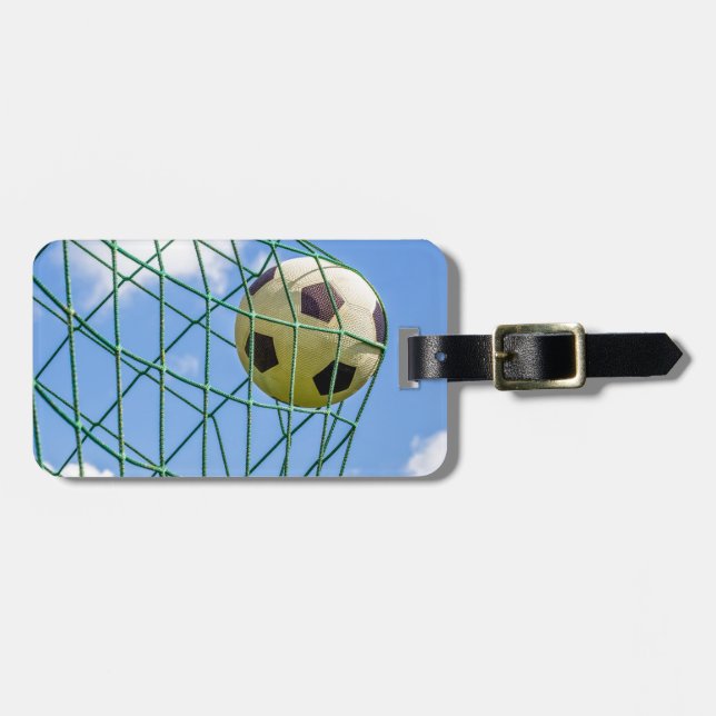 Football shot in goal net luggage tag (Front Horizontal)