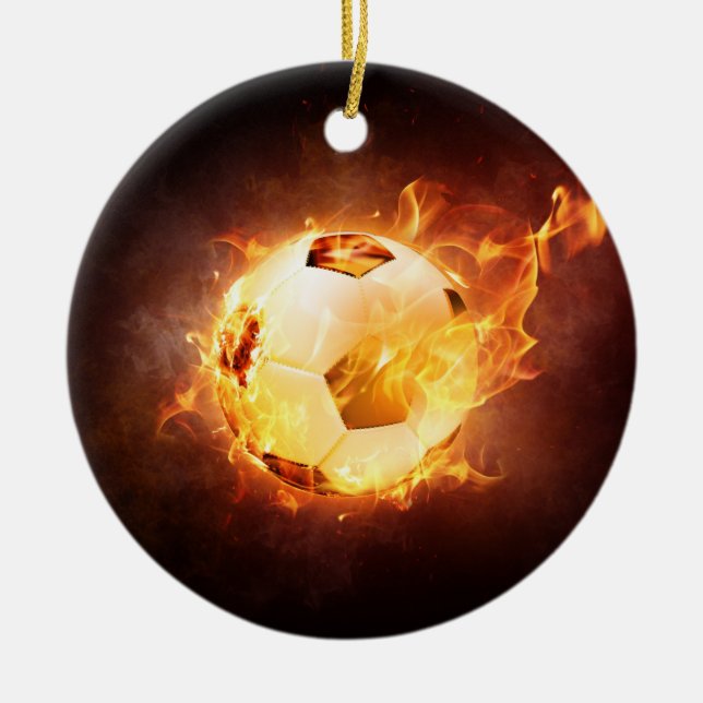 Football Soccer Ball on Fire Ceramic Ornament (Front)