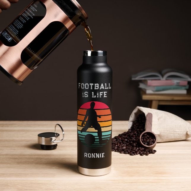 Football Soccer Custom Text & Name Boys Water Bott Bottle (Coffee)