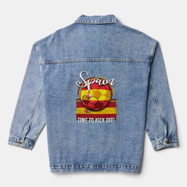 Football Spain Flag, Retro Soccer Ball Denim Jacket (Back)