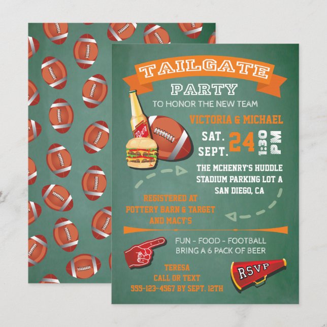 Football Tailgate Party green chalkboard Invite (Front/Back)
