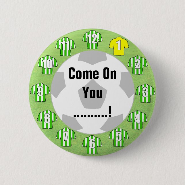 Football Team Badge with Green & White Shirts 2 Inch Round Button (Front)