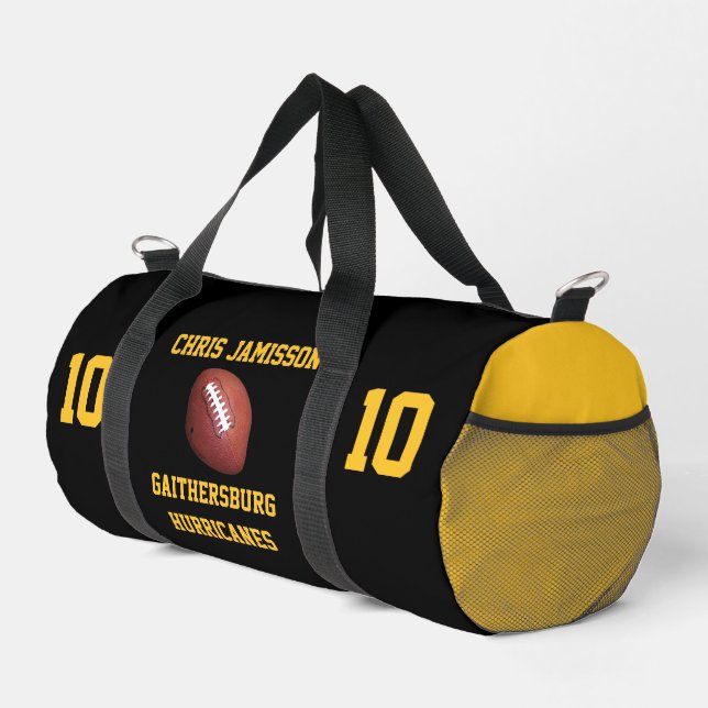 Football Team, Coach Player Black Gold Personalize Duffle Bag (Right Corner)