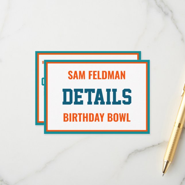 Football Theme Aqua Blue & Orange Birthday Detail Enclosure Card (Front/Back In Situ)