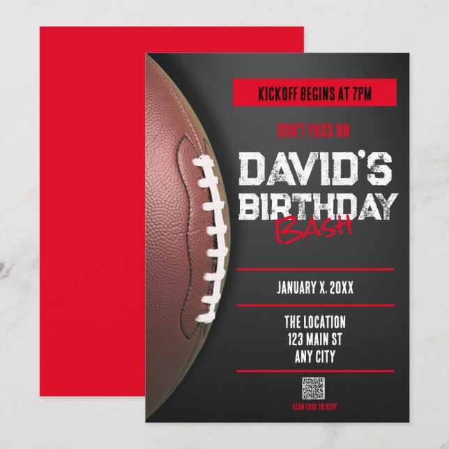 Football Theme QR Code Birthday Invitation (Front/Back)