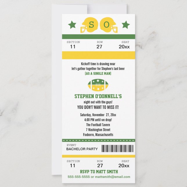 Football Ticket Bachelor Party Invitation (Front)