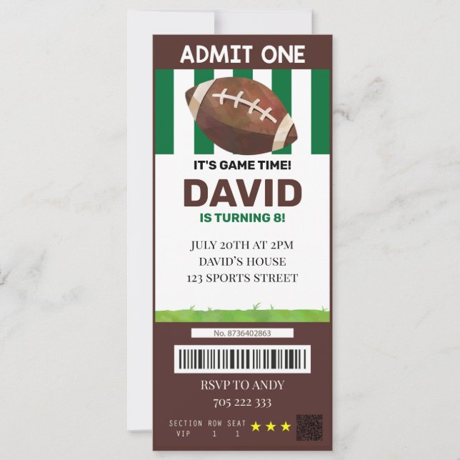 Football Ticket Birthday Boy Sports Creative Invitation (Front)