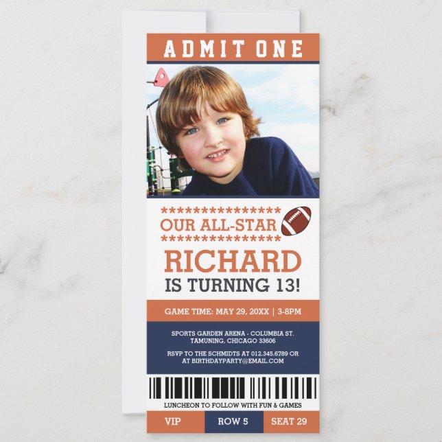 Football Ticket Birthday Invites (Front)