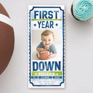 Football Ticket Boy Photo Blue Green 1st Birthday Invitation