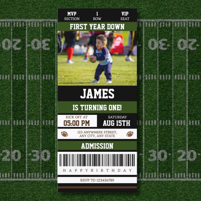 Football Ticket First Year Down 1st Birthday Photo Invitation (Football Ticket 1st Birthday Invitation First Year Down Photo All Star Sport Themed Birthday)