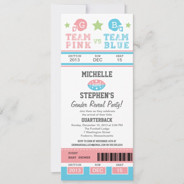 Football Ticket Gender Reveal Baby Shower Invitation (Front)