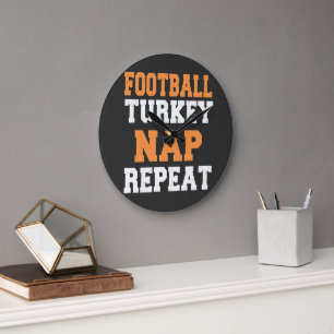 Football Turkey Nap Repeat Thanksgiving Large Clock