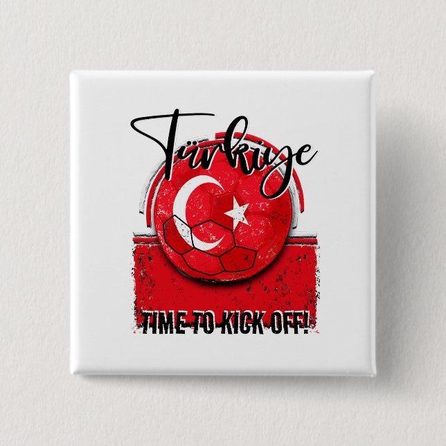 Football Türkiye Flag, Distressed Soccer Ball 2 Inch Square Button (Front)