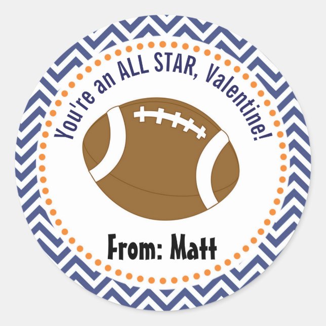  Football Valentines School Personalized Name Classic Round Sticker (Front)