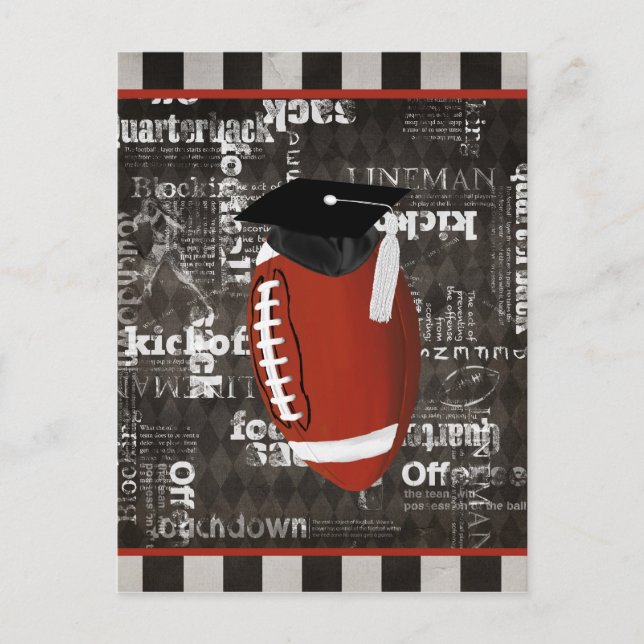 Football wearing Graduation Cap, Football Words Announcement Postcard (Front)