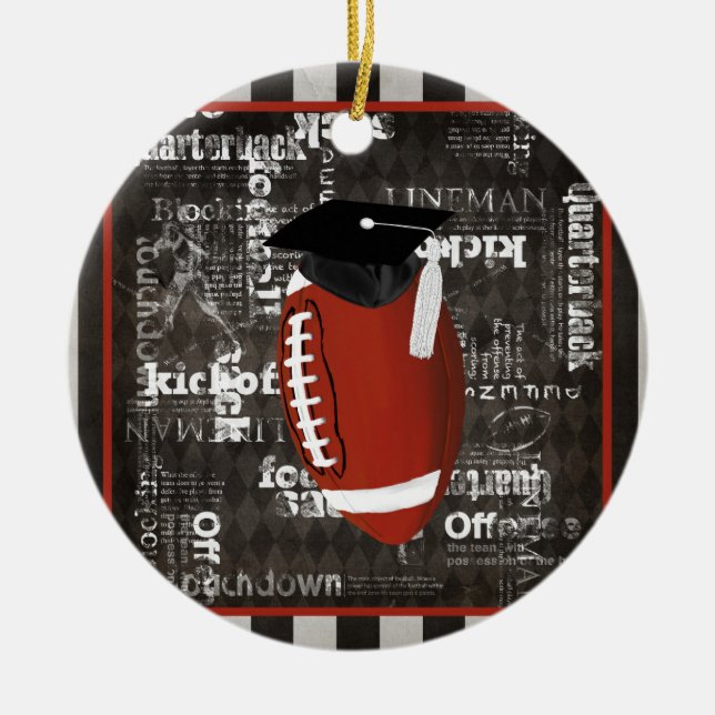 Football wearing Graduation Cap, Football Words Ceramic Ornament (Front)